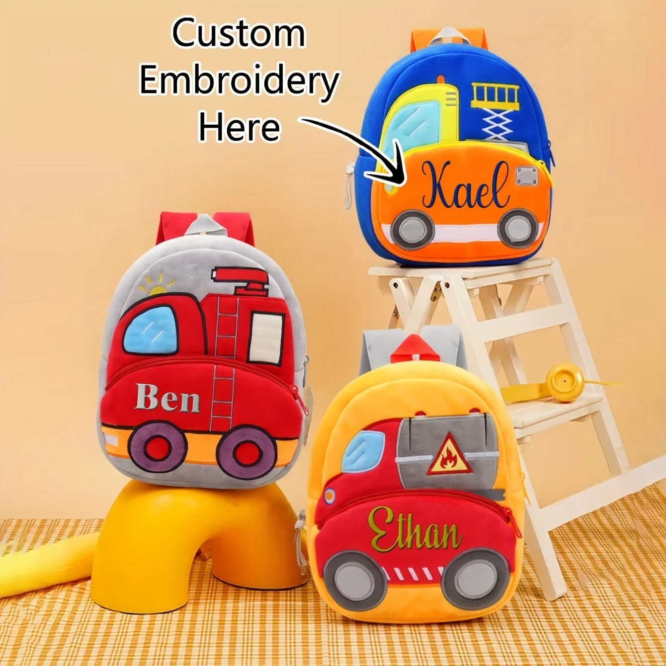 

Custom Embroidered Cute Construction Truck Plush Kids' Backpack | Ideal for School & Outdoor Use