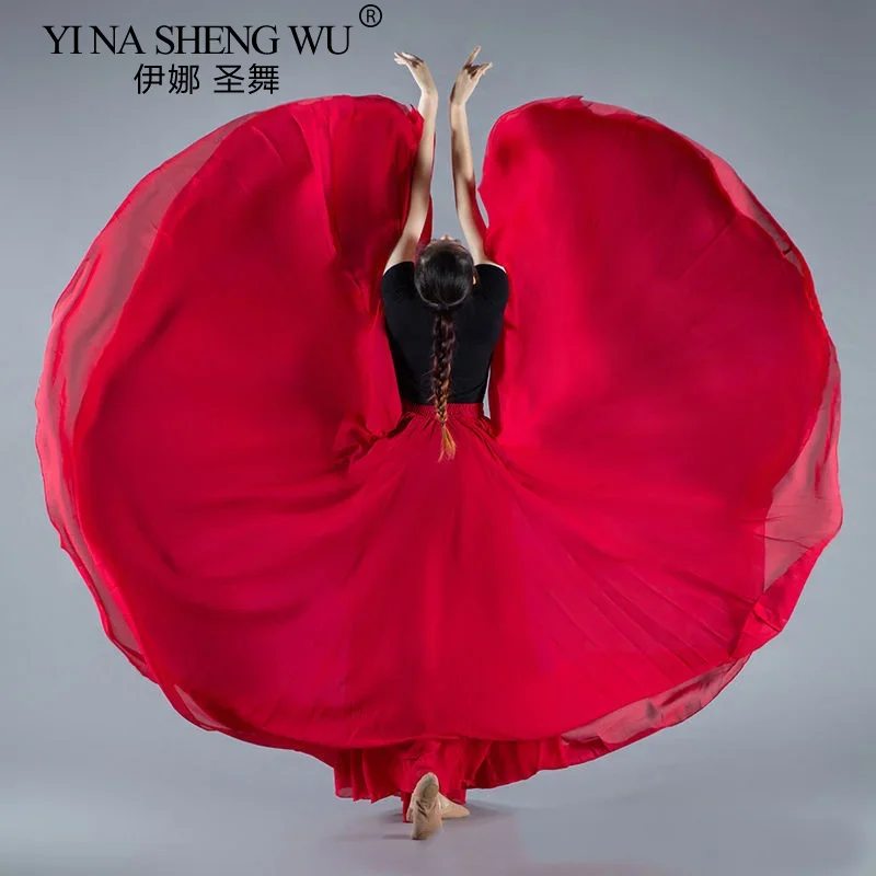 Spódnica szyfonowa z podwójnymi warstwami obracanymi o 720 stopni, spódnica do tańca ludowego chińskiego, spódnica do tańca brzucha, spódnica z wysokim stanem, spódnica do połowy ciała, spódnica do występów scenicznych