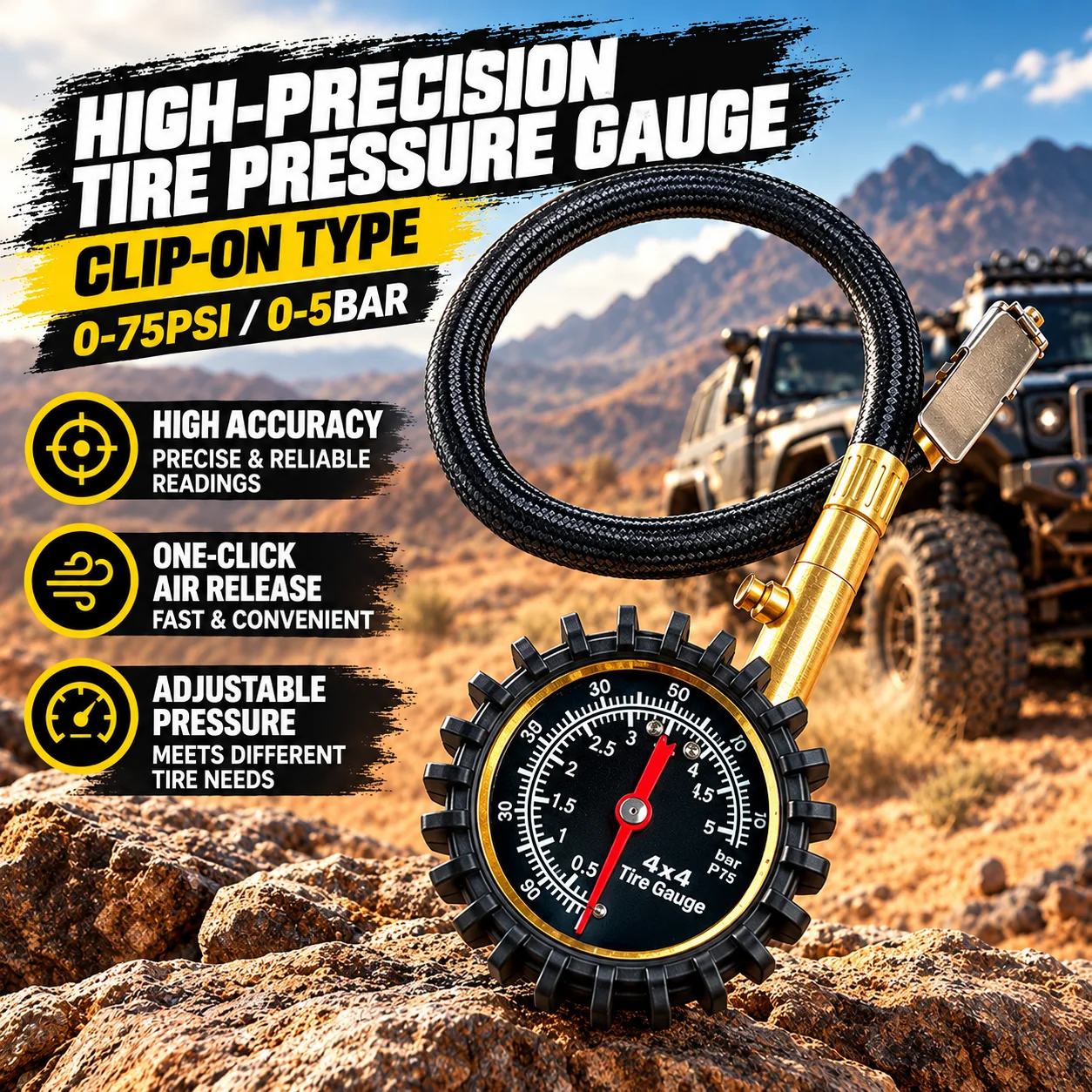 4x4 Tire Pressure Gauge with Braided Hose, Heavy Duty Analog Tire Gauge for Off-Road Trucks, SUV, Jeep & Motorcycle Tire Pressur
