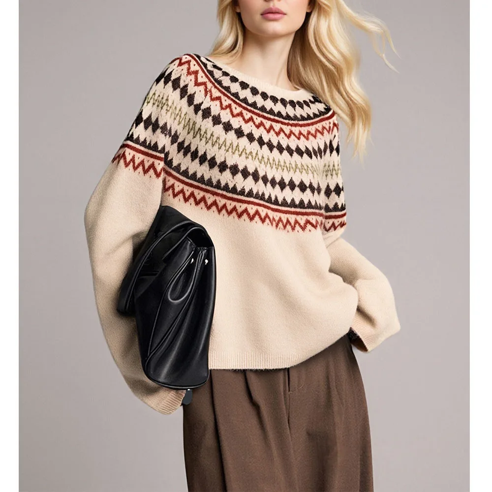 

Women Pullovers Sweaters Knitted Round Neck Full Sleeve Jumpers Y2k Streetwear Elegant Splice Knit Loose Casual Autumn Winter