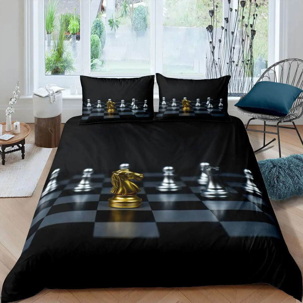 International Chess Duvet Cover Set Queen Size Chess Lovers Bedding Set for Boys Adults Microfiber Black Base 2/3pcs Quilt Cover