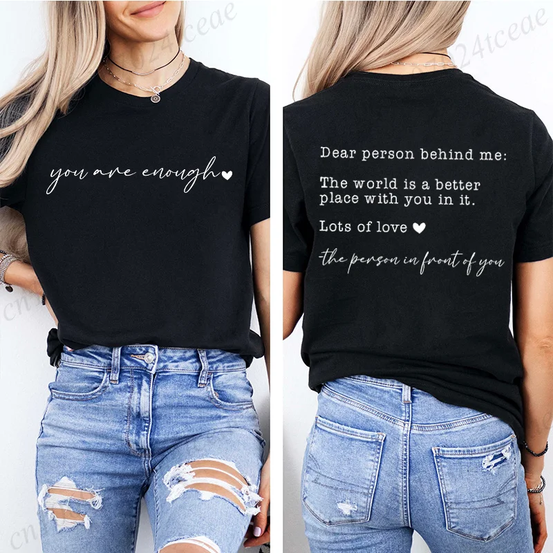 Modische Damen T-Shirts mit Aufdruck „Dear Person Behind Me“, Kurzarm-T-Shirt „You Are Enough Kindness“, Mental Health Shirts, Oberteile – Detail 2