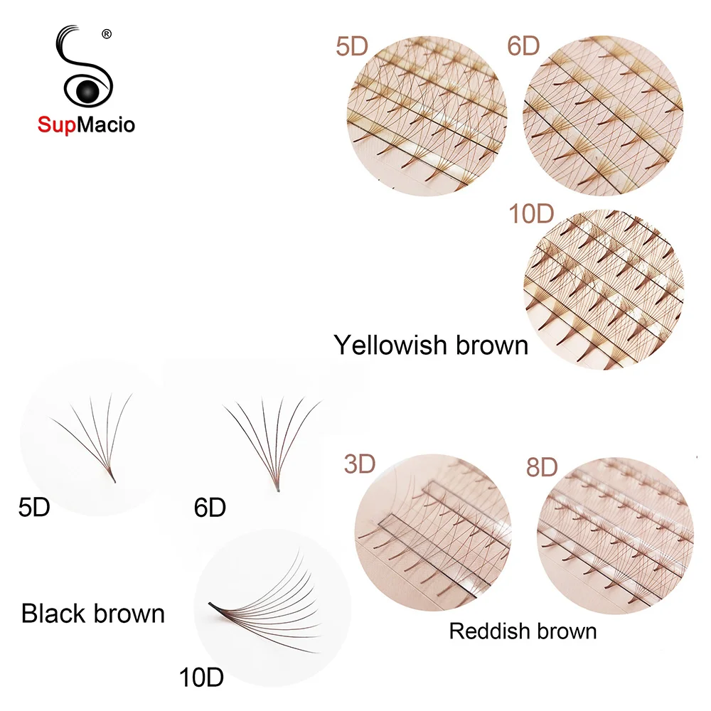 

SupMacio Yellowish/Reddish/Black Brown Premade fans Eyelash Extensions 10D 6D 5D 3D Volume Sharp Narrow Stem Clusters Russian