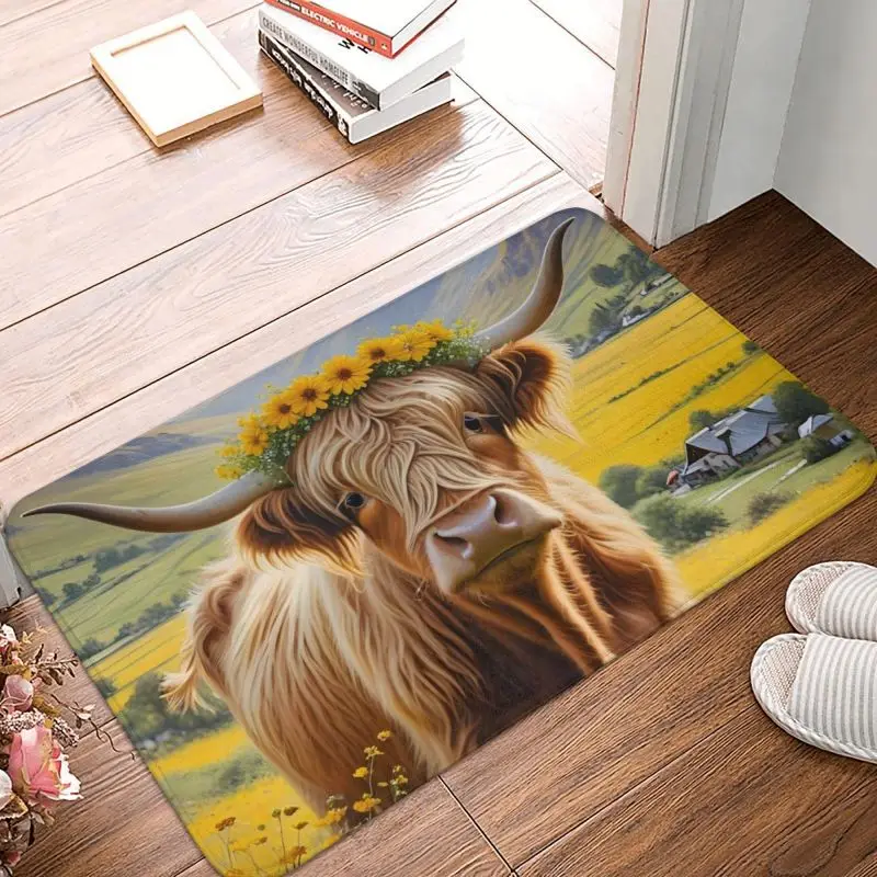 Custom Highland Cow And Flower Front Door Floor Entrance Mat Indoor Bath Kitchen Doormat Toilet Carpet Rug