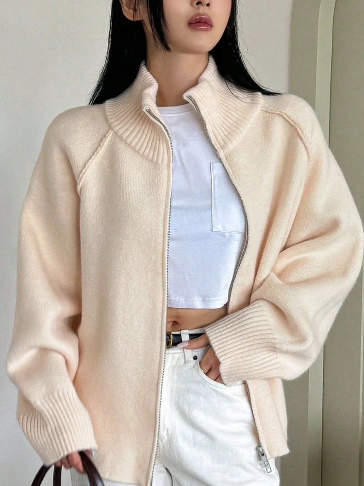 

Новый осенне-зимний женский вязаный кардиган с отложным воротником, модный свитер на молнии с длинными рукавами для отдыха, пальто, элегантная женская одежда