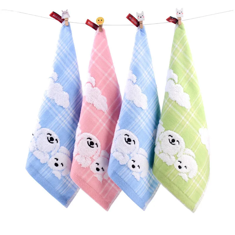 

1Pc 30x30cm Cartoon Puppy Jacquard Plaid Cotton Soft Absorbent Children Kids Baby Square Face Towel