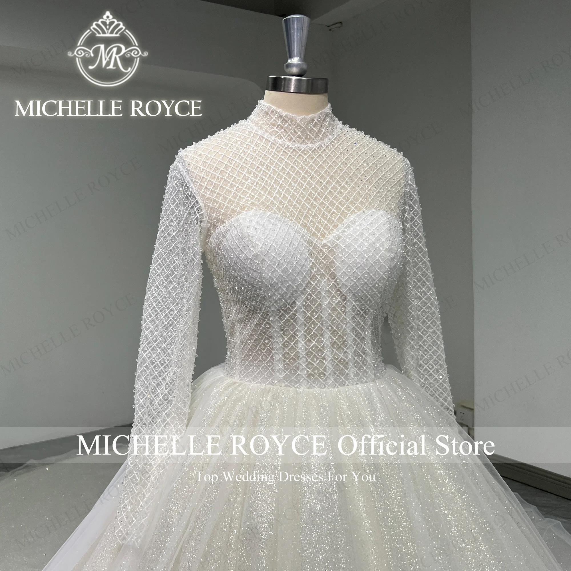 Michelle royce vestido de casamento de manga longa halter ilusão glitter miçangas trem real vestido de baile trabalho real vestidos de novia