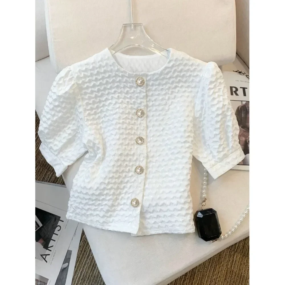Women Round Neck Button Down Blouse Summer New Short Sleeve Elegant Casual Ladies Shirt Tops