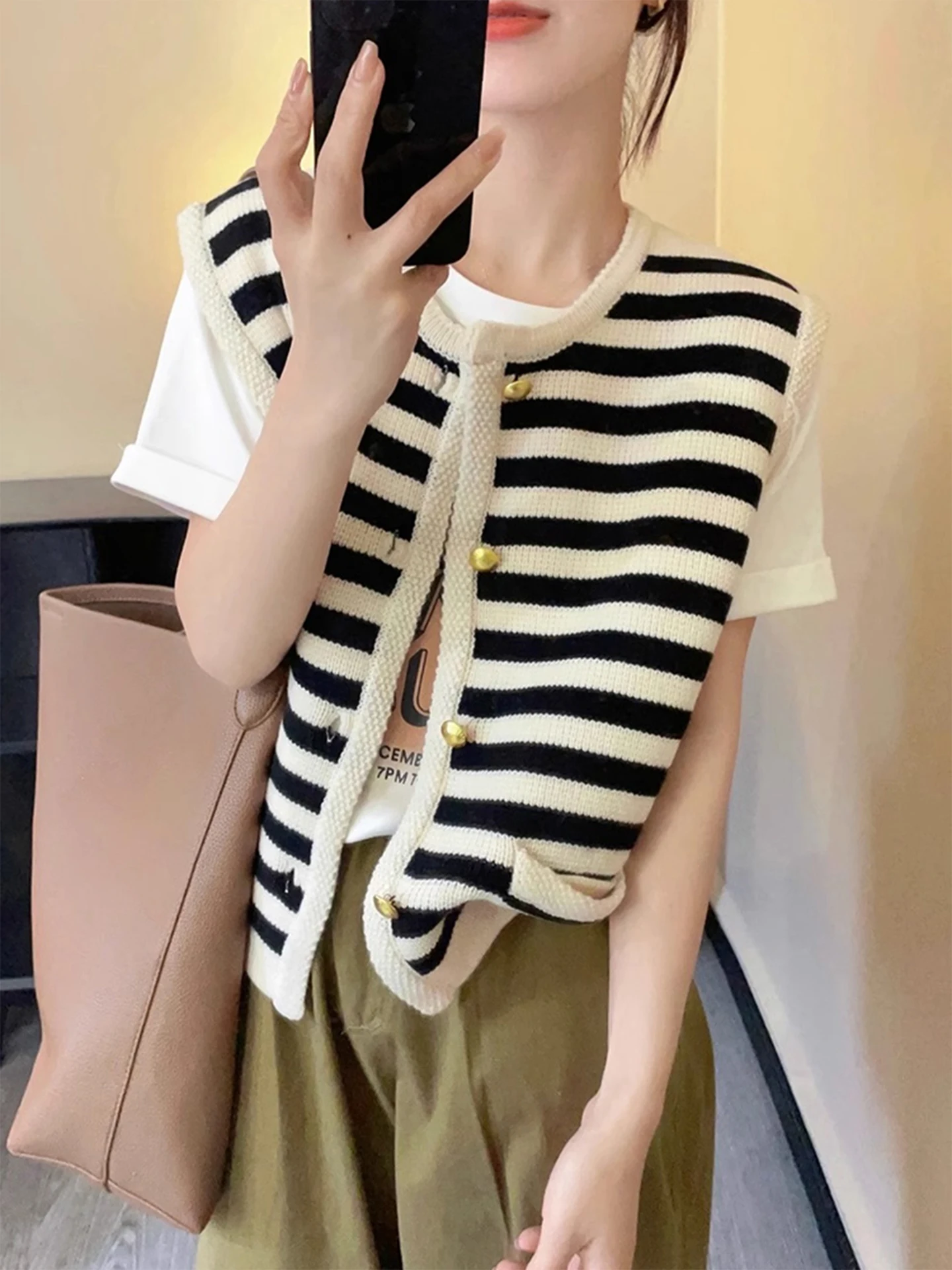 

Открытый кардиган с одной пуговицей, жилет в полоску, топ без рукавов, антивозрастной жилет для поездок на работу, обычная тонкая осенняя одежда