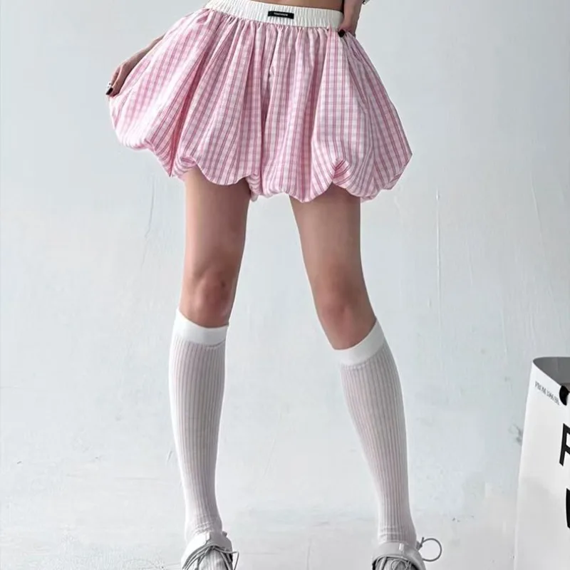 Lindas culottes a cuadros esponjosos con brotes para mujer, novedad de verano 2021, falda corta holgada de cintura alta en forma de A