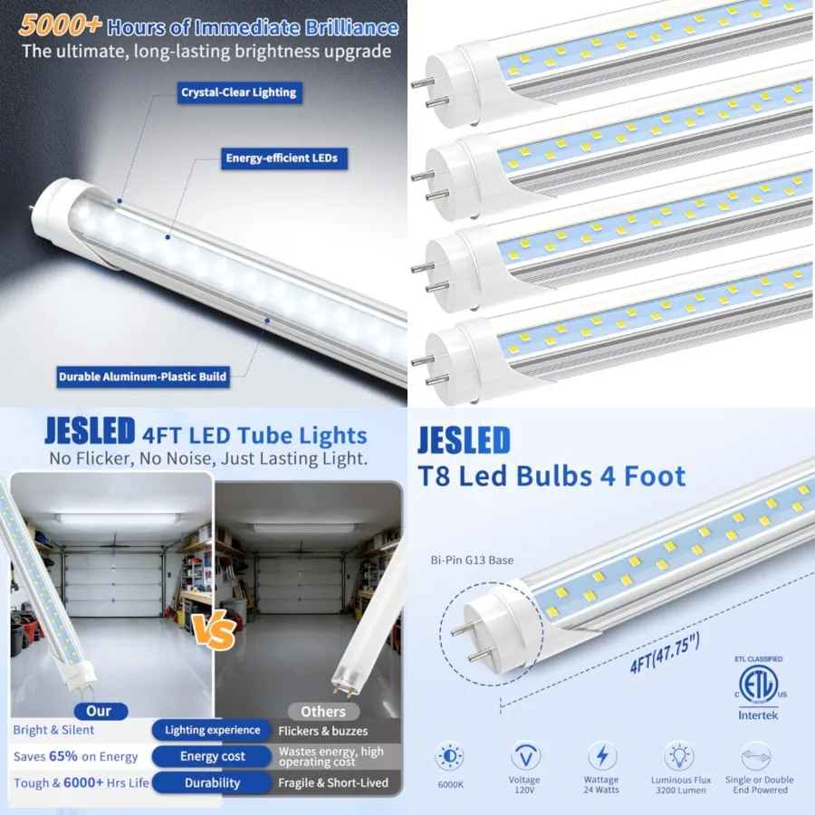 

T8 LED 4Feet Type A+B Light Bulbs, 24W 65W Equivalent,3200LM, 6000K, Plug and Play or Ballast Bypass, 4 Feet LED Fluorescent Li