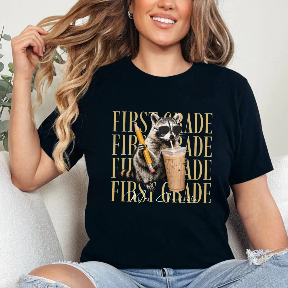 Raccoon First Grade Teacher Unisex Tee Trendy Cotton Tops Funny Back To School Slogan Streetwear Casual Tshirt