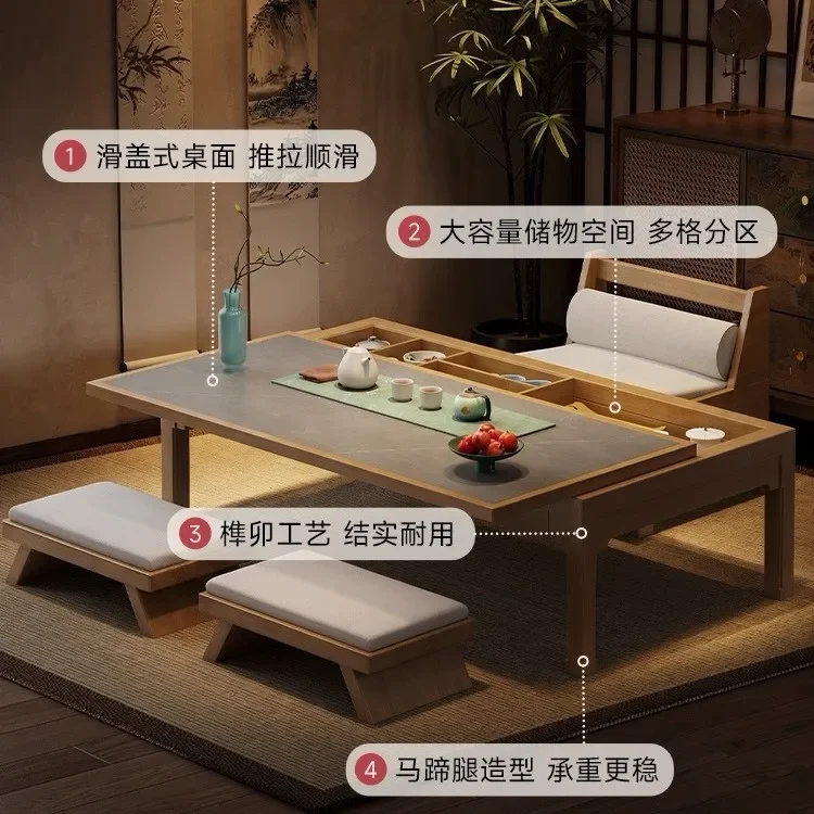 D12- new Chinese style one storage solid wood tea table balcony tatami low tea table rock slab integrated tea table push-pull