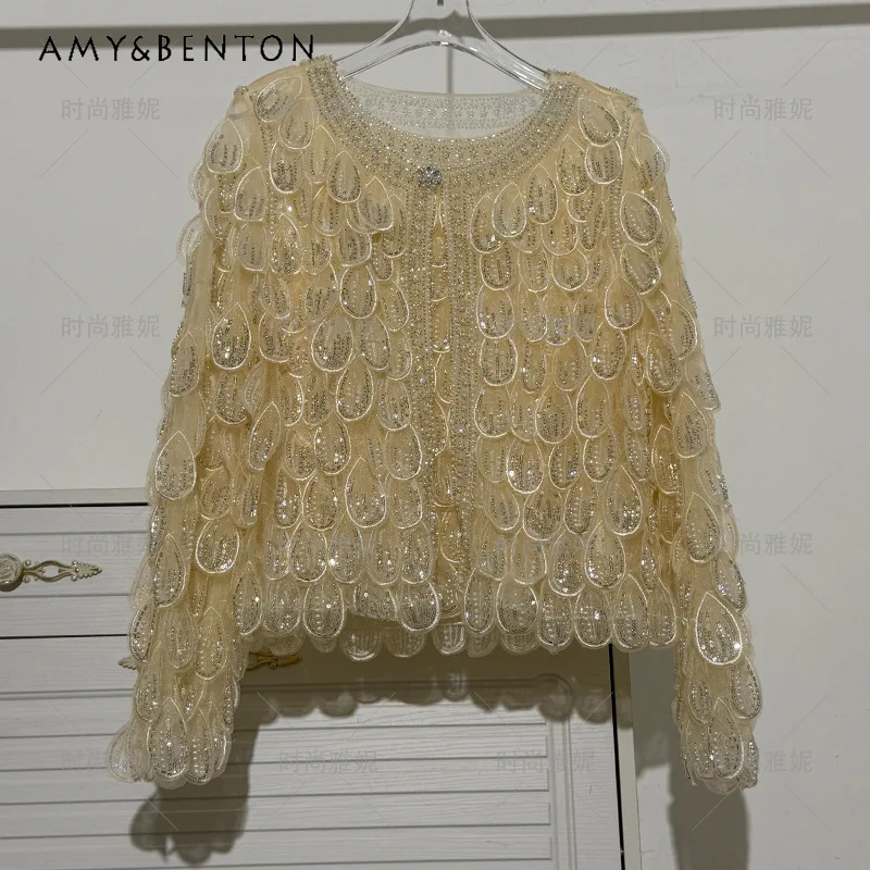 

Elegant Sweet Lace Sequins Beaded Pearl Tops Long Sleeve Short Sleeves Shirt Vest Midi Dress Women's Mesh Casual Fashion Outfits