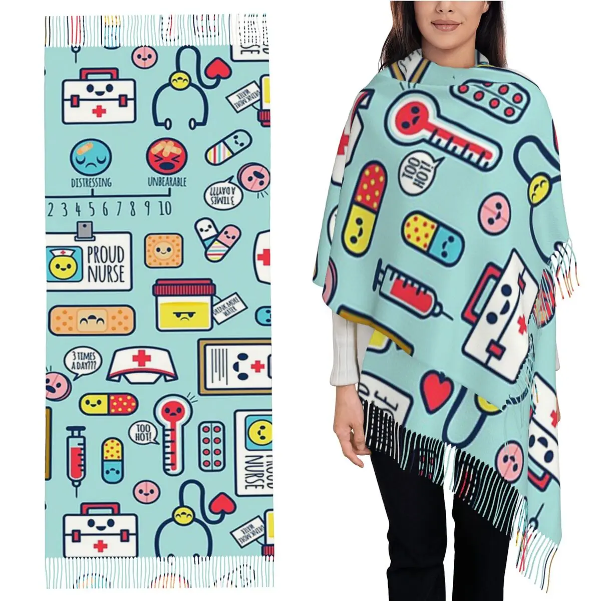 

Proud To Be A Nurse Surface Pattern Design Blue Scarf Tassel Scarves for Women Shawls and Wraps Long Fall Winter Shawl Wrap