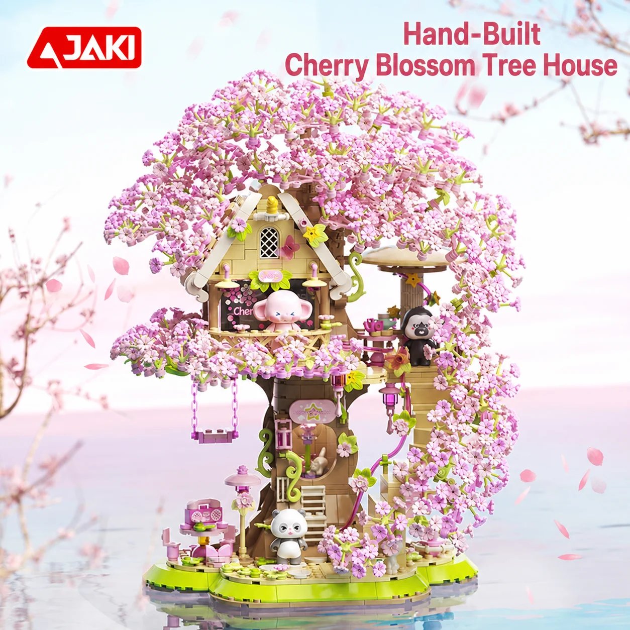 JAKI Cherry Blossom Tree House Building Blocks Sakura Pink Romantic Architecture Model Kit Toy Girls Birthday Gift Home Decor