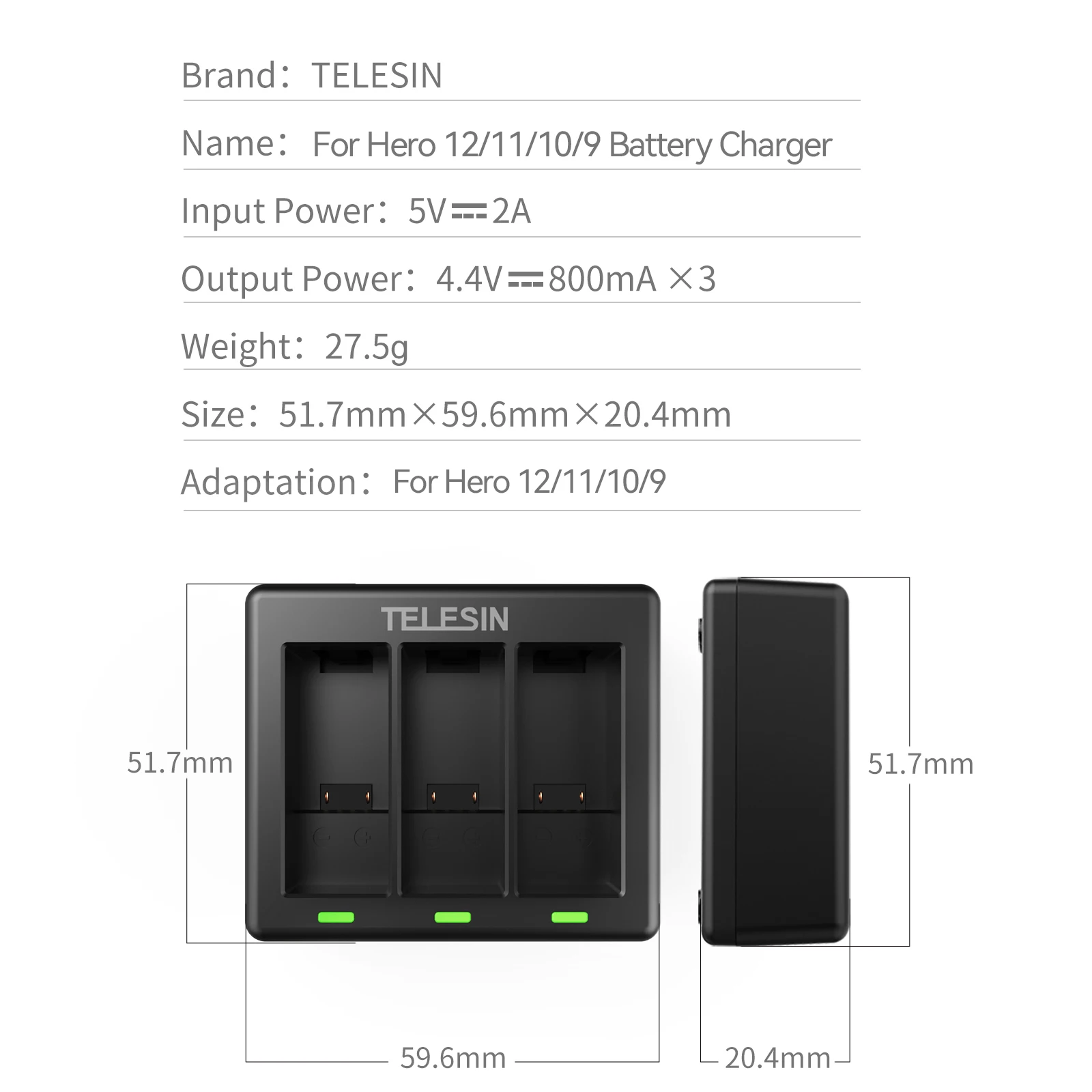 TELESIN 3 Ways Battery Charger For GoPro 9 10 11 12 LED Light Charging for GoPro Hero Action Camera Accessories Without Battery