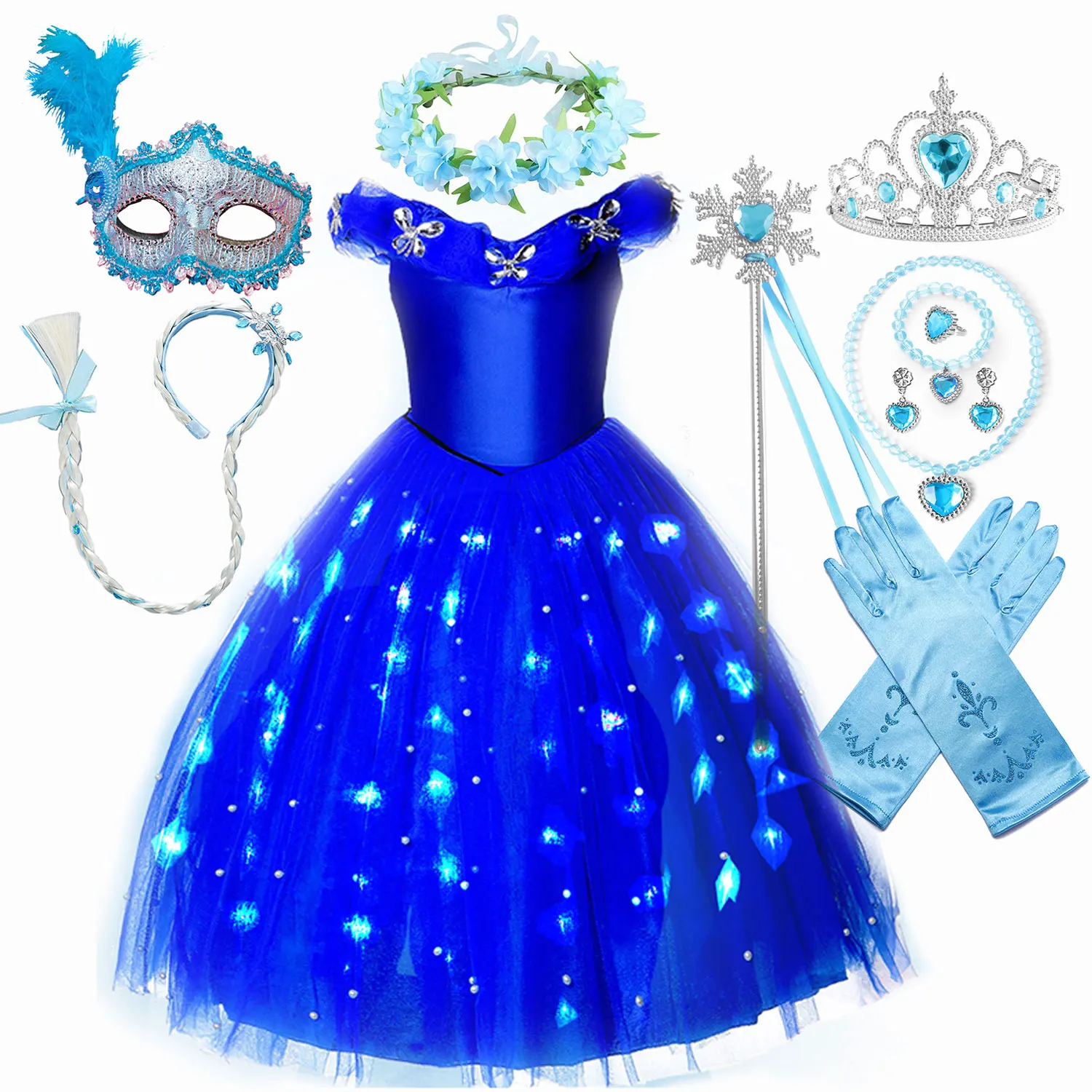 

Disney Cinderella Role Playing Dark Blue Fluffy Mesh Princess Dress Light Up Kids Halloween Carnival Party Dress for Girl