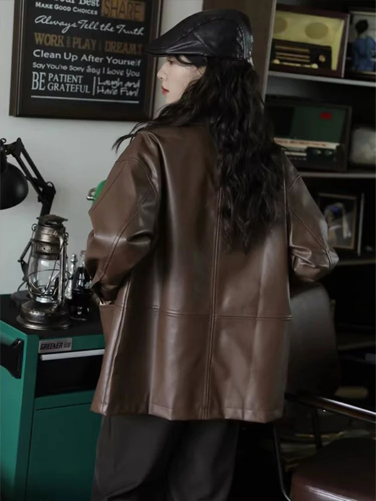 New Women's Commuting Style Leather Jacket with A Vintage Collar and A Single Breasted Design, Luxurious Motorcycle Jacket