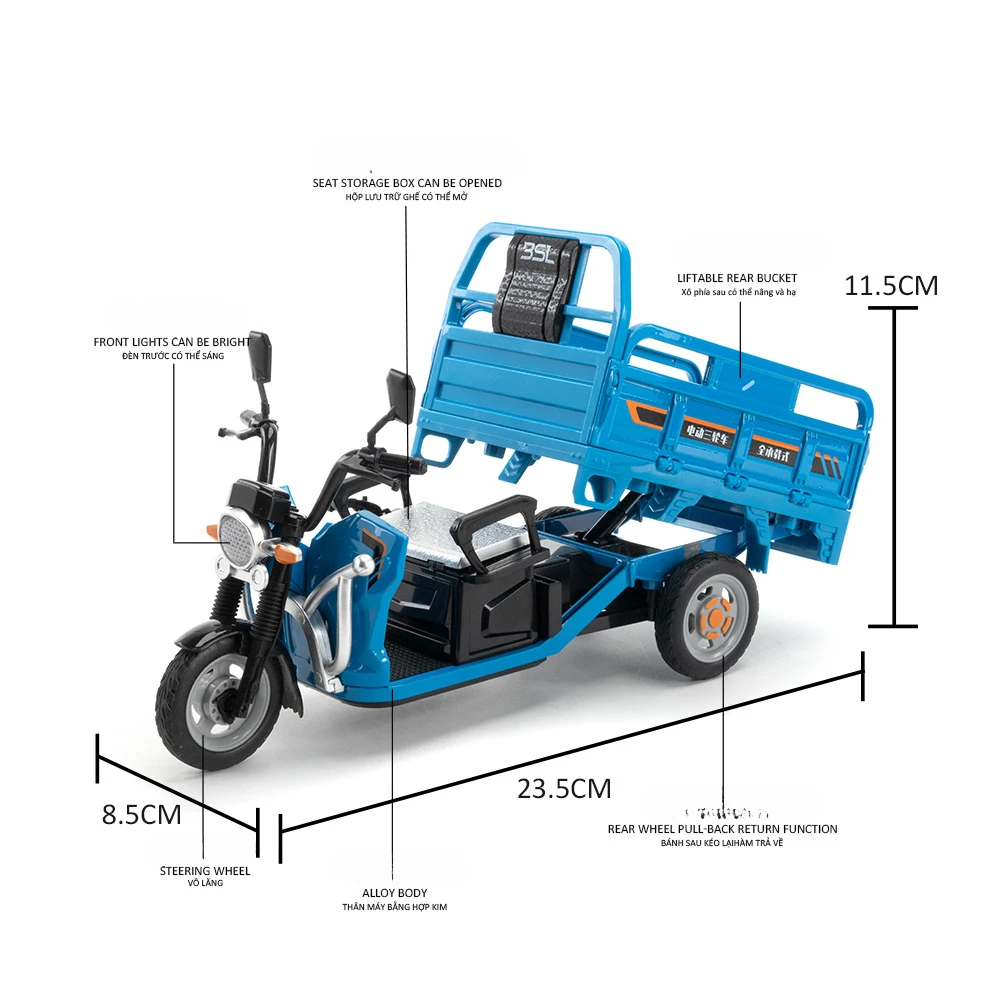 Modelo de aleación de triciclo eléctrico 1:12, coche de juguete fundido a presión, motocicleta, rueda delantera, dirección, sonido, luz, vehículo extraíble, juguete para coleccionar