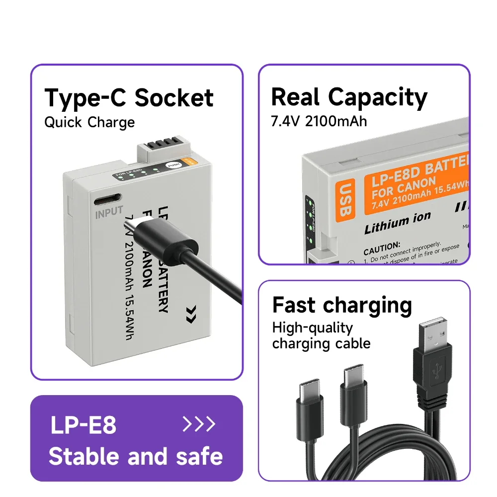 For Canon EOS 550D 600D 650D 700D Kiss X4 X5 X6i X7i Rebel T2i T3i T4i 2100mAh LP-E8 LP E8 LPE8 Type C Charging Camera Battery