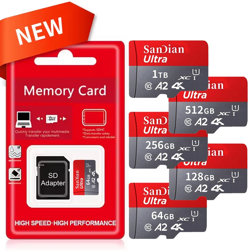 بطاقة ذاكرة Micro SD عالية السرعة، سعة 1 تيرابايت، تدعم تسجيل فيديو بدقة 4K وFull HD، متوافقة مع الهواتف وكاميرات GoPro الرياضية، متوفرة بسعات 64 جيجابايت و128 جيجابايت و256 جيجابايت و512 جيجابايت.
