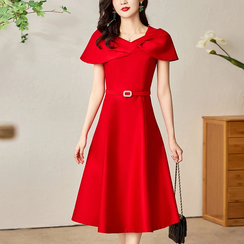 

Elegant Party Dresses For Women 2024 Summer Short Sleeve Red Black Dress A-line Women's Clothing Solid Fashion Woman Long Dress