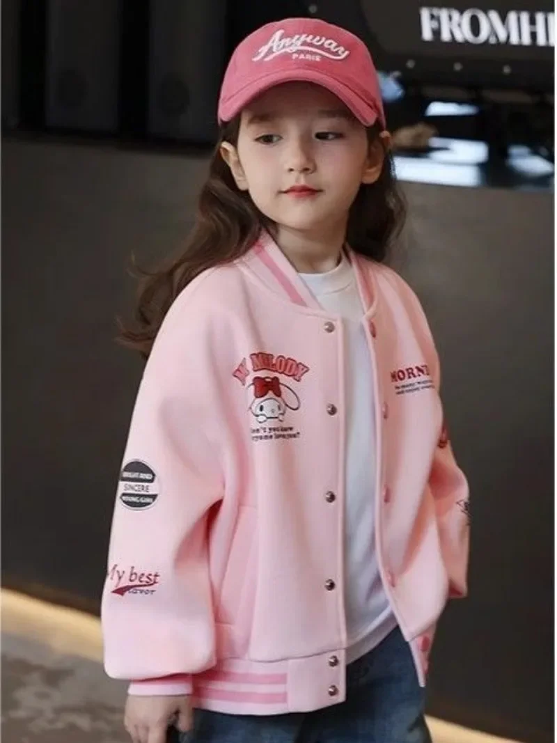 My Melody Girls Baseball Jacket Kawaii Sanrio Anime Autumn Long-Sleeved Clothes Cartoon Cute Coat Printed Jacket Gift for Kids