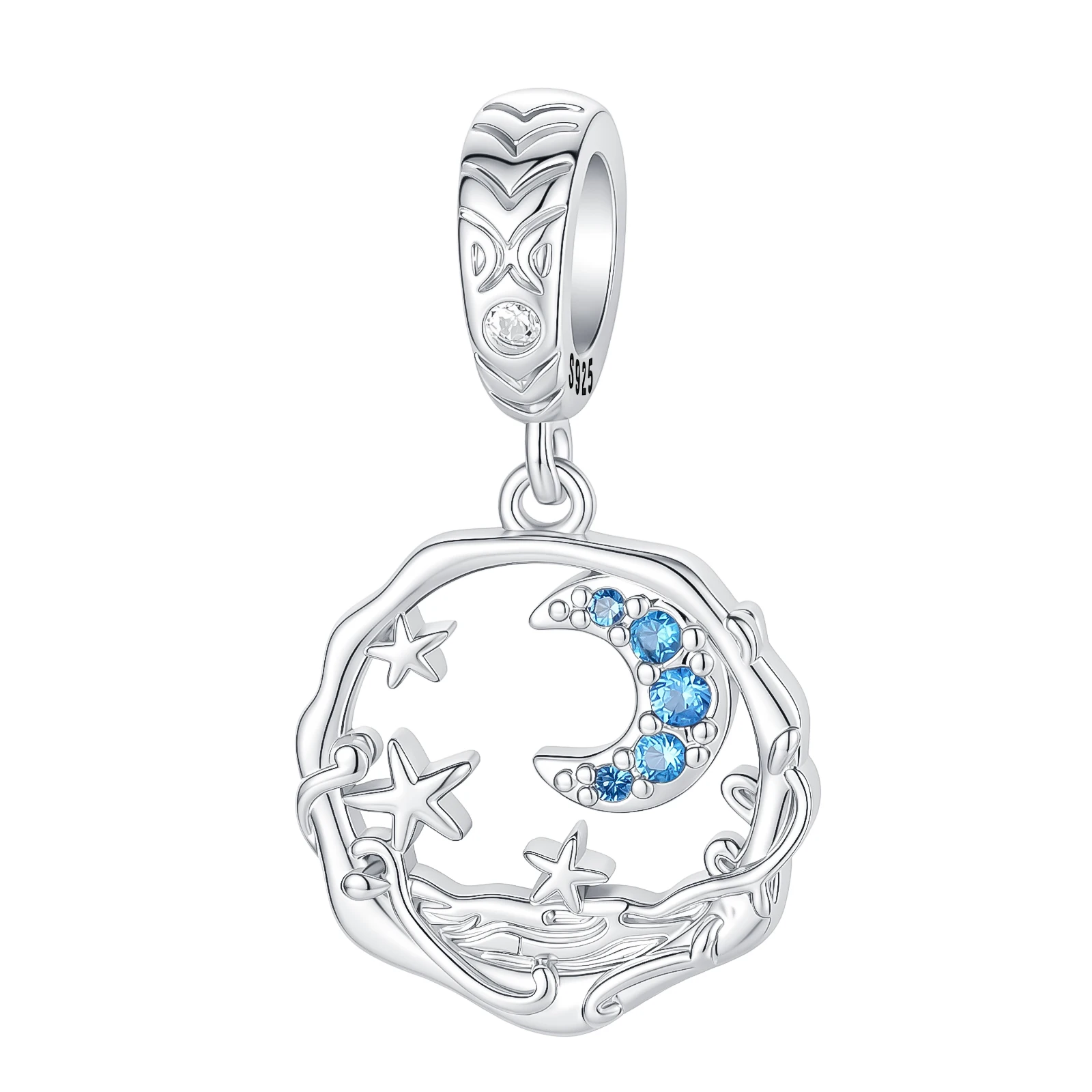 925 Sterling Silver Openwork Moon Star Dangle Charm Blue CZ Inlaid Celestial Pendant Hope Eternity Fit DIY Bracelet Jewelry Gift
