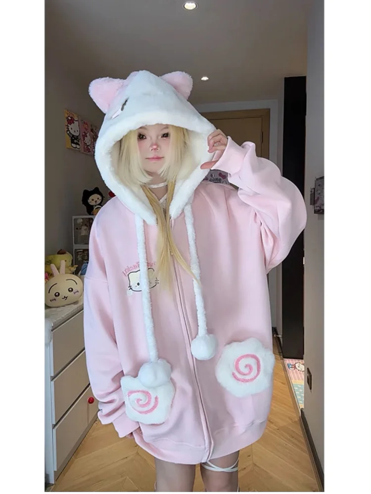 Kawaii Japans meisje Thiened Fce Hoodie Herfst Winter Loose Fit Cartoon Print Lange Sve Rits Vest Sle Sweatshirt