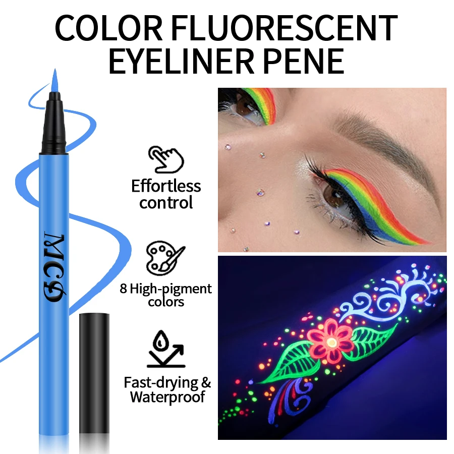 Eyeliner liquido 8 colori Penna eyeliner color neon Impermeabile Uv Blacklight Fluorescente Viso Vernice per il corpo Trucco Giallo Viola Rosso