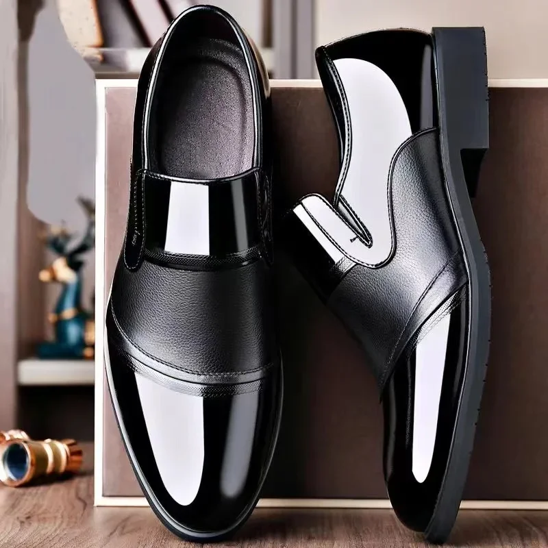 Black Patent PU Leather Shoes Slip on Formal Men Shoes Plus Size Point Toe Wedding Shoes for Male Elegant Business Casual Shoes