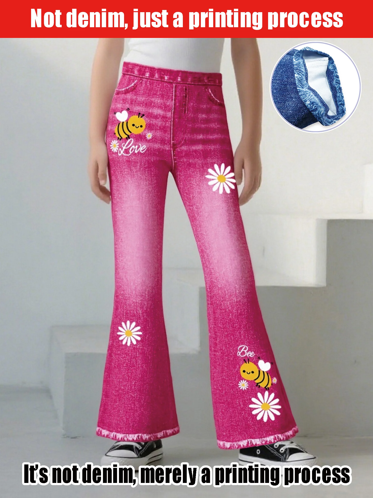 

2025 Girls Cute Pink - Bee and Daisy Print - Casual Everyday Versatile Faux Denim Bell Pants