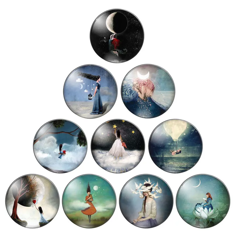 Beautiful Girls and Moon Star Paintings 10pcs 12mm/18mm/20mm/25mm Round photo glass cabochon demo flat back Making findings