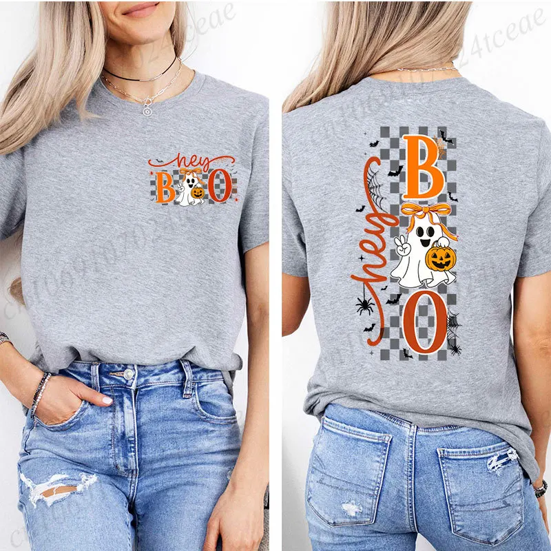 Women Halloween Hey Boo T-Shirts Cute Bow Ghost Pumpkin Graphic Tee Shirts Short Sleeve Tops Spooky Season Holiday Tops Gifts