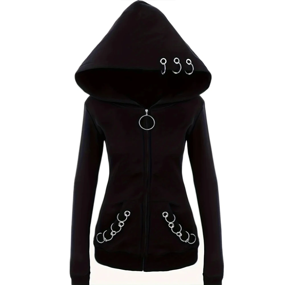 Gothic Punk Womens Full-Zip Hooded Sweatshirt - Allure-Enhancing Long Sleeves Timeless Solid Black, Fashion-Forward Design - Em