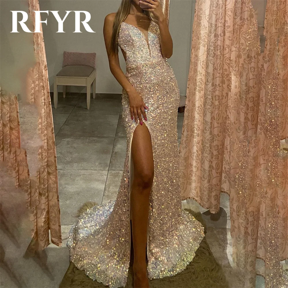 

RFYR Champagne Elegant Sequins Women Evening Dresses Pleats Spaghetti Strap Split Trumpet Prom Formal Gown Dresses Customized