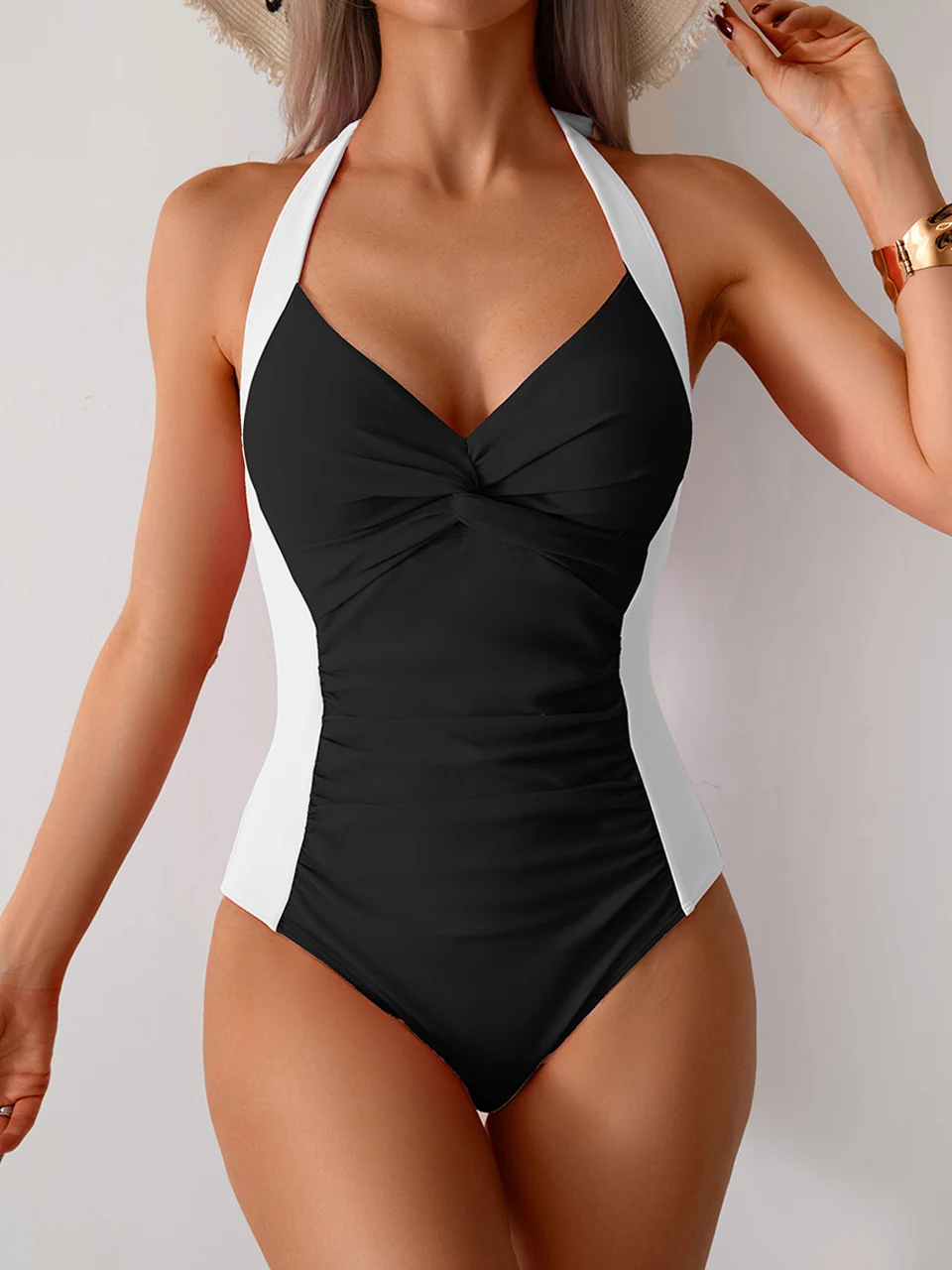 One Piece Solid Swimsuit Women 2026 Plain Ruched Swimwear Slim V Neck Bodysuit Female Bathers Bathing Swimming Swim Beach Summer