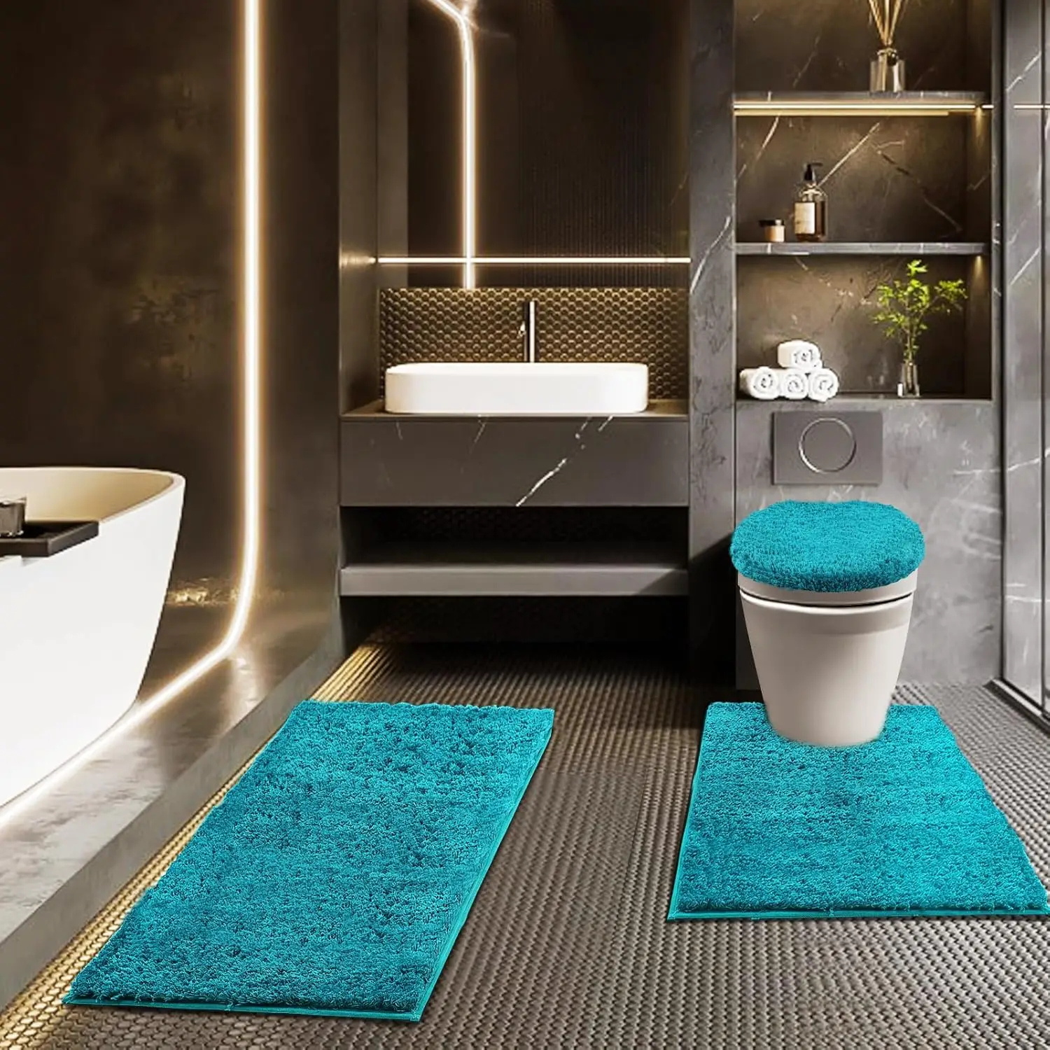 

3-Piece Bathroom Rug Set with Adjustable Toilet Cover, Non-Slip Backing, Machine Washable for Luxury Decor