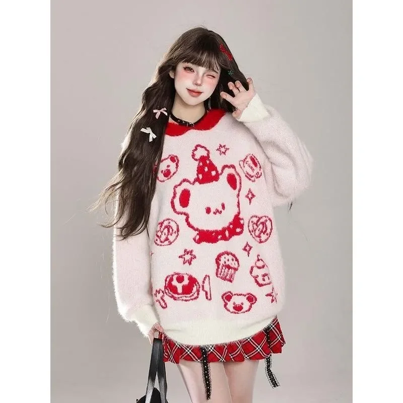 

Милый вязаный жаккардовый свитер с героями мультфильмов в стиле ретро, женский свободный свитер с медведем, новинка осени и зимы 202, топ