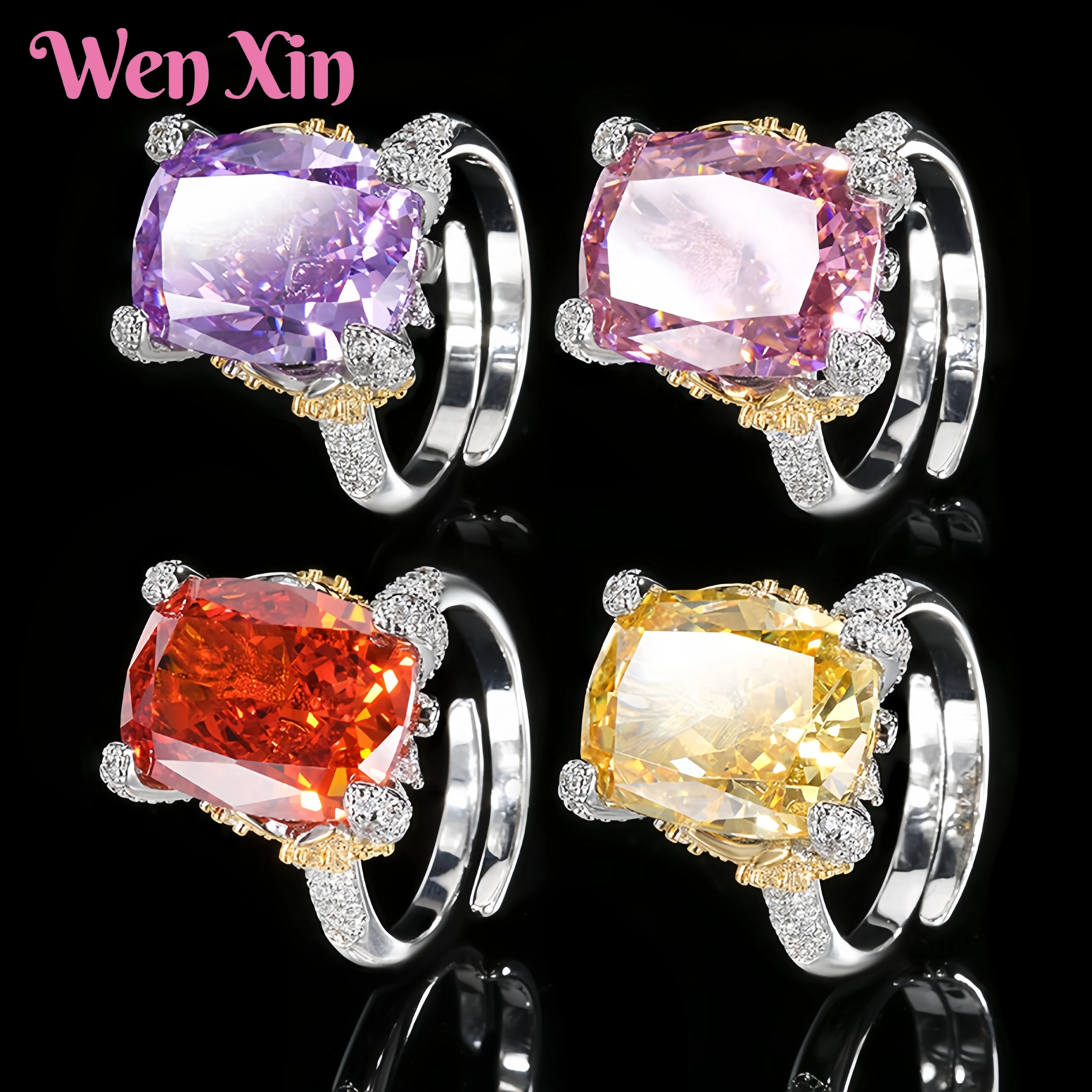 

WENXIN New Top Grade Quality Jewelry Openin Ring For Women High Carbon Diamond Ice Flower Square Diamond Ring Fashion Jewelry