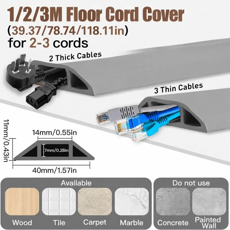 1PC 1/2/3 Meters Self Adhesive PVC Floor Cable Cover, Flexible Wire Raceway Cord Concealer for Home Office Floor Wire Management
