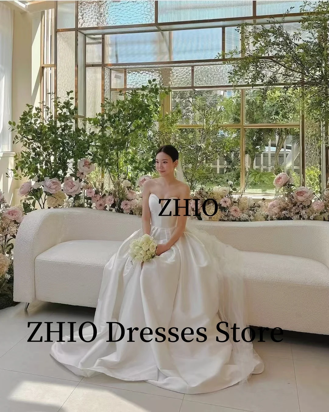 ZHIO Einfache Brautkleider, A-Linie, trägerlos, Satin, Korea, Fotoshooting, bodenlang, Brautkleider, Korsett, individuell anpassbar, elegant