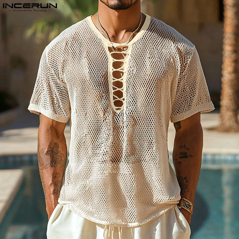 INCERUN الرجال تي شيرت بلون شبكة الجوف خارج انظر من خلال الخامس الرقبة طويلة الأكمام الذكور المحملة القمم الشارع الشهير مثير 2025 الرجال الملابس