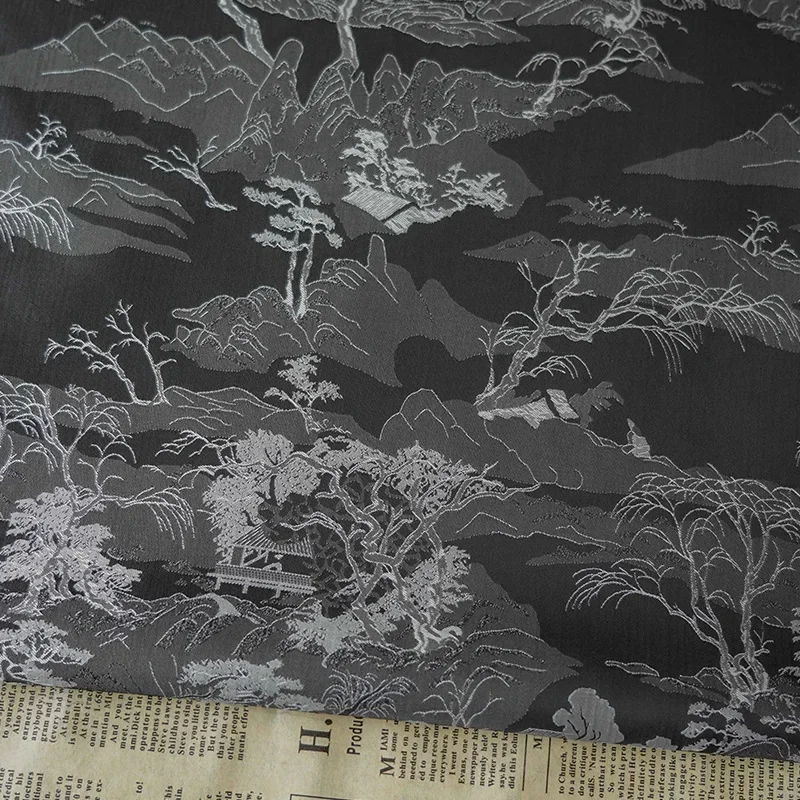 Stile cinese Nero Grigio Modello di montagna Tessuto jacquard tinto in filo Abito antico Cheongsam Tessuto da cucito fai da te