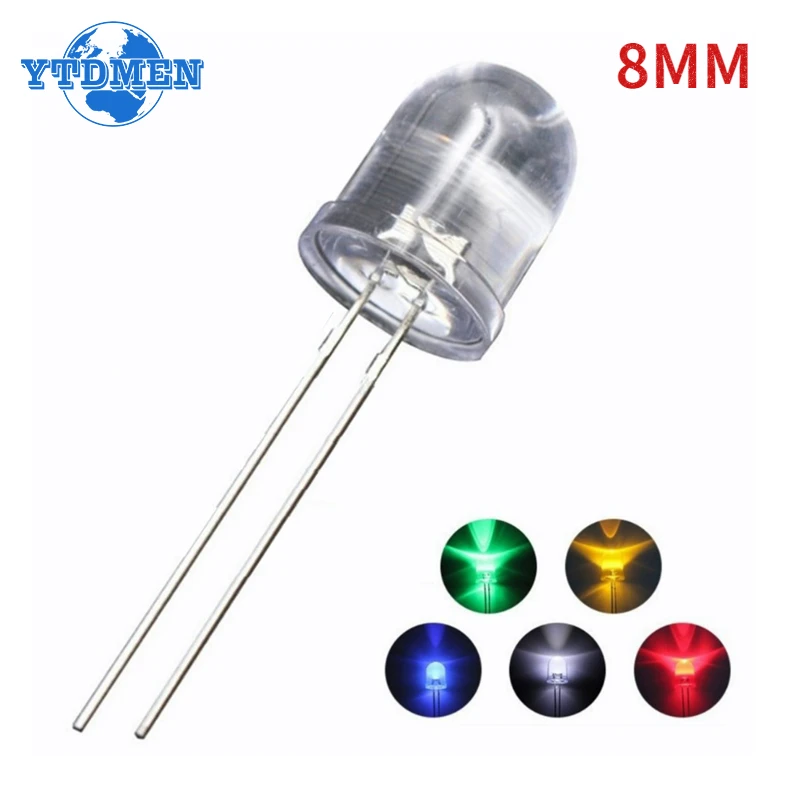 50PCS 8mm LED Diodes Kit Transparent Light Emitting Diode White/Yellow/Green/Red/Blue Bulb Lamps, for Science Project Experiment