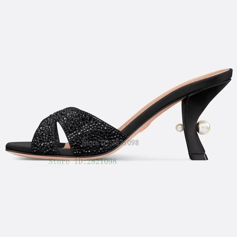 White Pearls Abnormal Heeled Black Suede Gold Tone Strass Slide Mules Women Slippers Slip On Sandals High Heel Women Summer Shoe