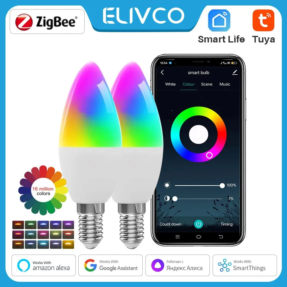 Tuya E14 Smart ZigBee Candle Light Bulb AC85-265 Light Bulbs RGB+CW LED Lamp Smart Life Support Alexa Google Home Alice