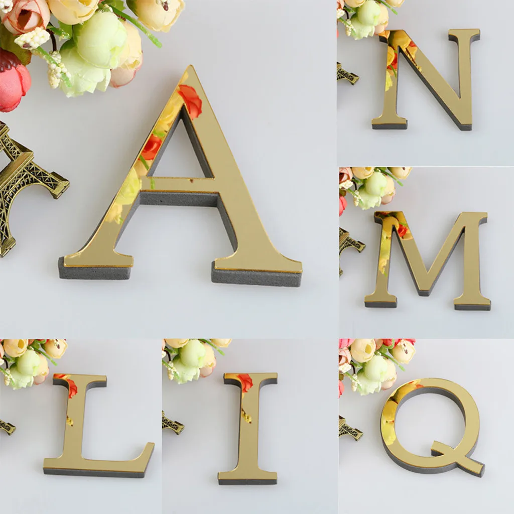 15cm English Alphabet Acrylic Gold Wall Stickers Home Decor For Living Room Bedroom Cabinet 3D Mirror Poster Stick Wallpaper