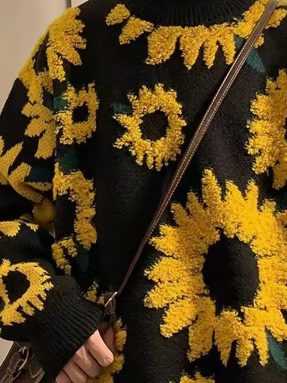 

Ретро-японский вязаный свитер с длинными рукавами и круглым вырезом для мужчин, с вышивкой в виде подсолнухов, осенне-зимний, новый, в стиле Lazy Style